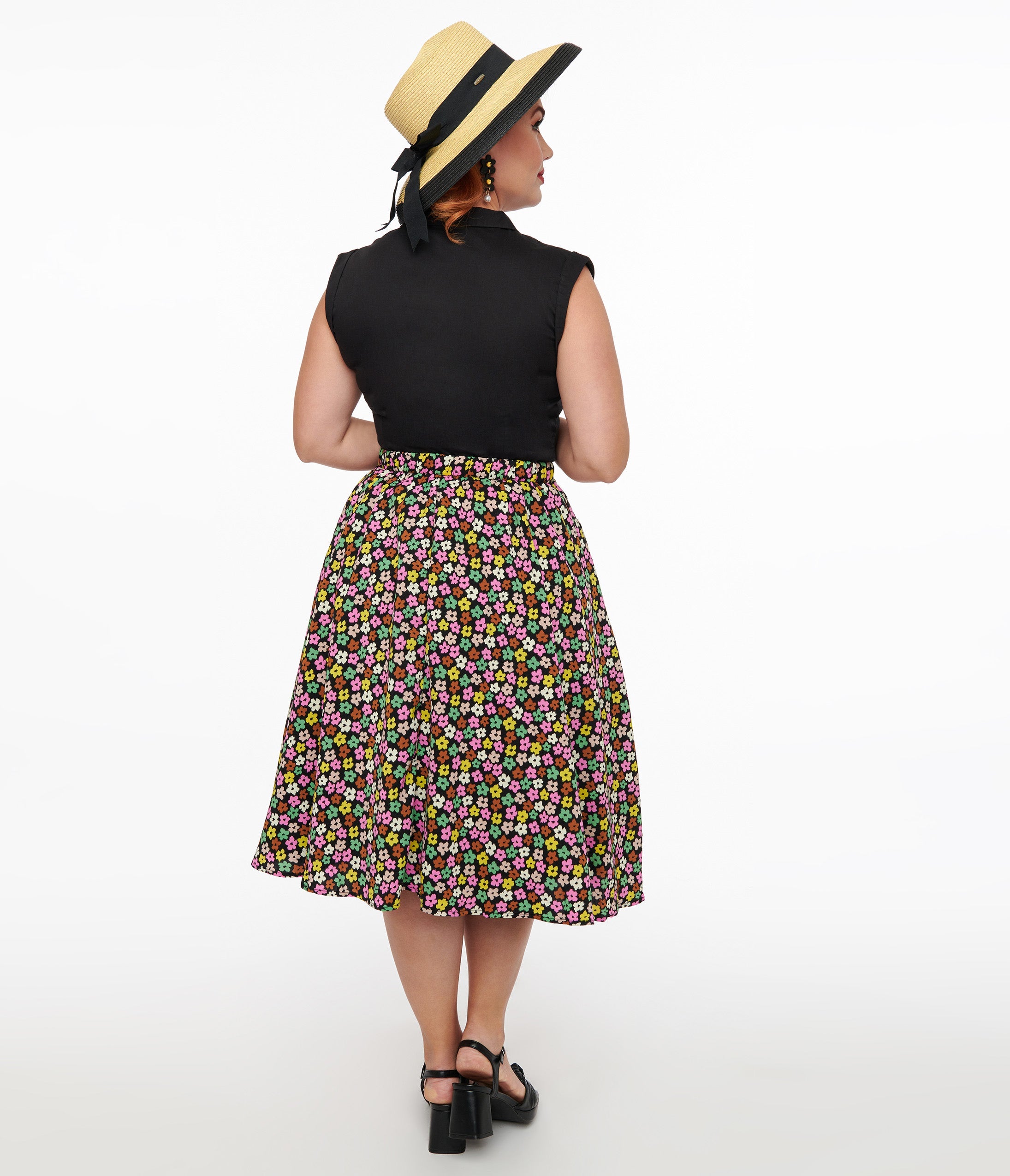 1950s Black & Multicolor Flower Print Swing Skirt