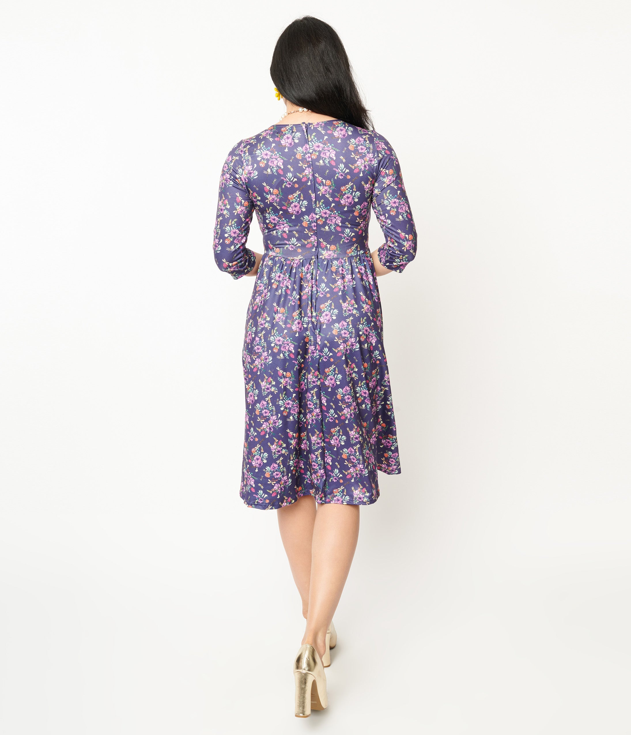 Dolly & Dotty Purple Dragonfly Floral Print Billie Fit & Flare Dress