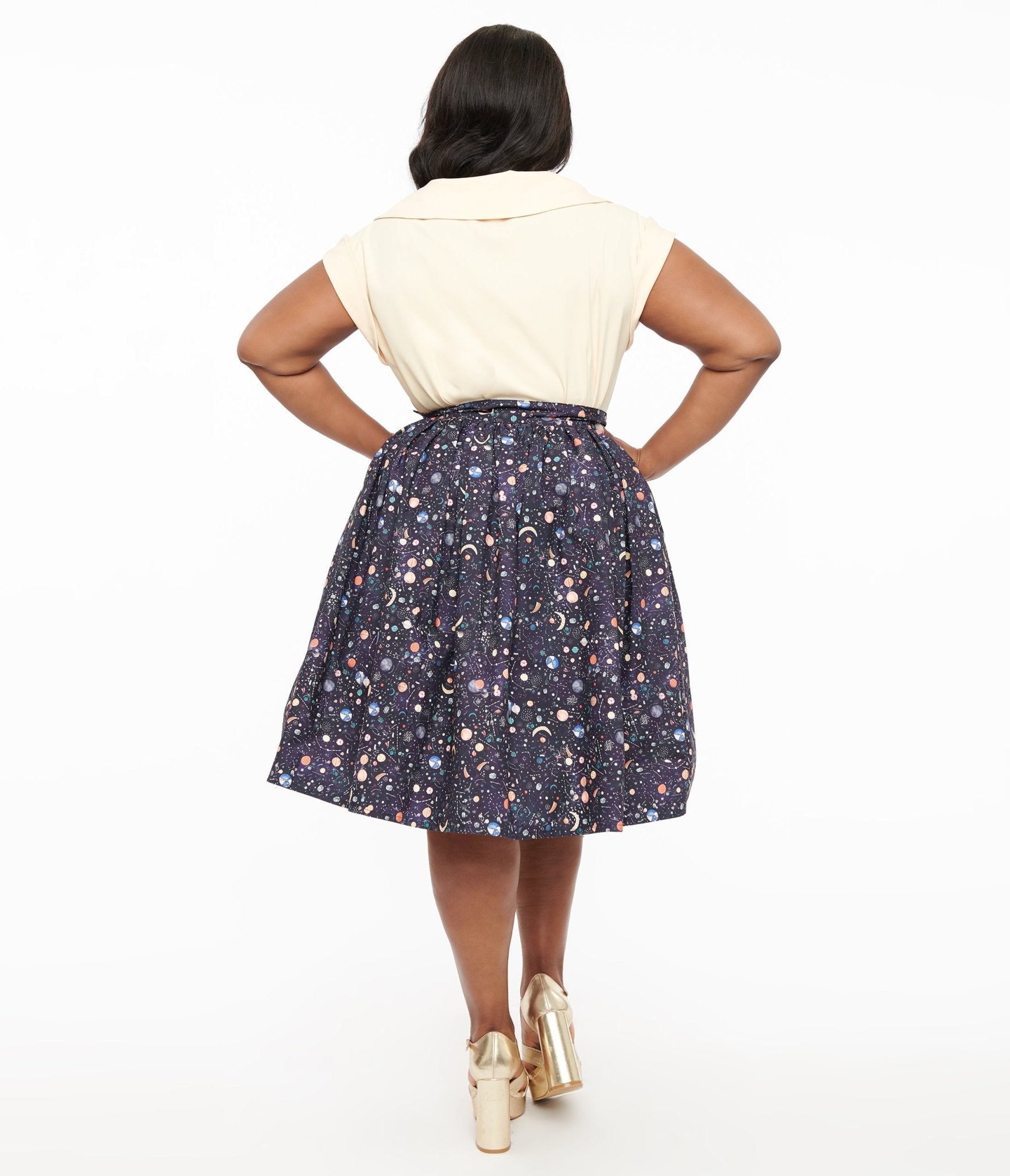 Unique Vintage Plus Size Space Print Gellar Swing Skirt