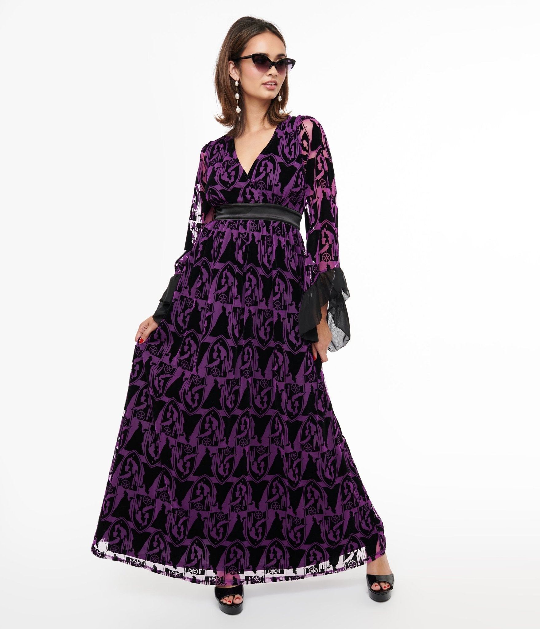 Disney Princess collection by Unique Vintage Purple & Black Velvet Burnout Maleficent Print Maxi Dress